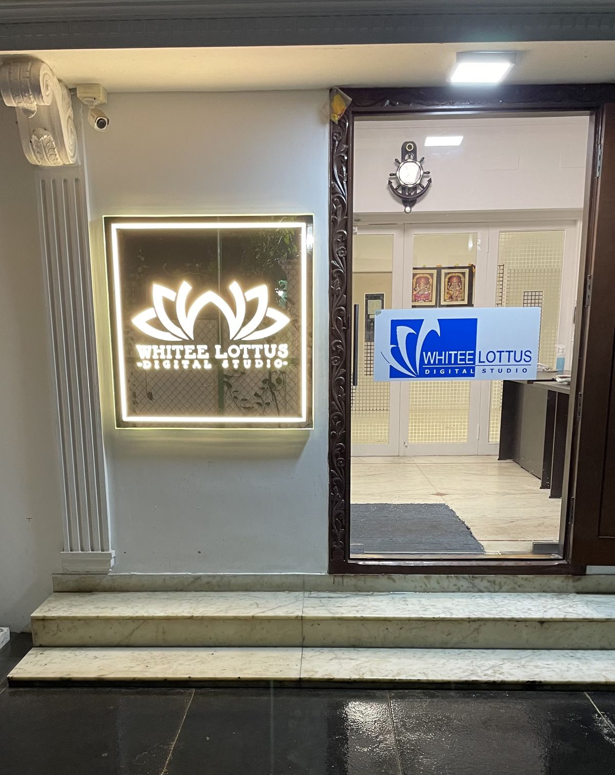 Whitee Lottus studio entrance at night — Saligramam, Chennai